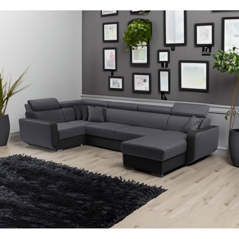 Tendencio – Canapé panoramique convertible Empero U gris et noir – Réversible – Coffre de rangement – Dimensions L337xH82/97xP184 cm
