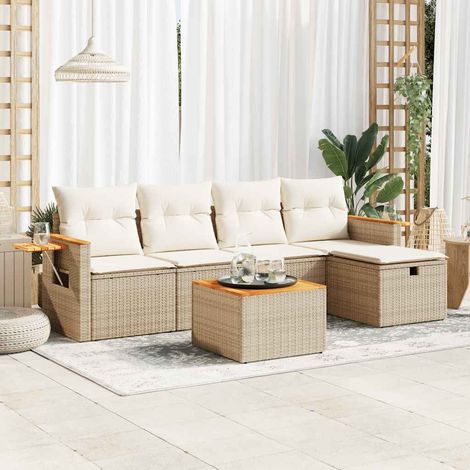 6-tlg. Garten-Sofagarnitur mit Kissen Beige Poly Rattan (1/5)