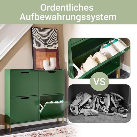 SoBuy Schuhschrank schmal mit 4 Klappen platzsparender Schuhkipper Hoch Kommode mit 8 Ablagen Schuhregal geschlossen Shoe Cabinet Flurschrank für Diele Flur Garderobe 100x91x19cm Dunkelgrün FSR100-SY