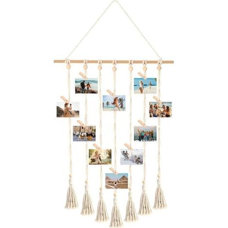 Marco de fotos de pared para collage, colgador de fotos de macramé, portafotos bohemio, tablero de fotos con 30 clips de madera, marco de fotos con cuerda para colgar. (1/4)
