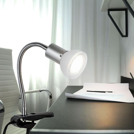 Klemmlampe weiß Klemmleuchte Klemmlampe LED mit Stecker, Tischleuchte Leselampe, Spot beweglich, Metall titanfarben Glas weiß, 1x LED 3W 250Lm 3000K, HxLxB 34x9x6,1 cm (1/5)