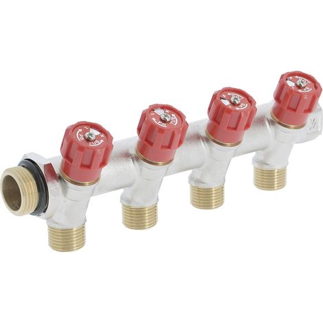 Collecteur mâle-femelle 3/4'' (20/27), 4 départs mâle 1/2'' (15/21), vanne rouge, pour sanitaire