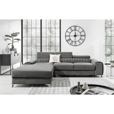 Canapé d'angle convertible en tissu velours Luxe gris, 5 places, angle gauche (vu de face) - GRECE VELOURS (1/5)