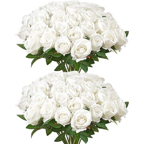 Rose Artificielle Lot de 60 Fleurs Artificielles 508 mm Bouquets de Fausses Fleurs Aspect Réaliste avec Tête de Rose 70 mm, pour Décoration Intérieure, Fêtes, Mariages, Centres de Table, Blanc (1/5)