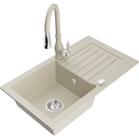 Mexen Pablo lavello da cucina in granito con 1 vasca e gocciolatoio e rubinetto Savita, beige - 6510-69-672601-69 (1/5)