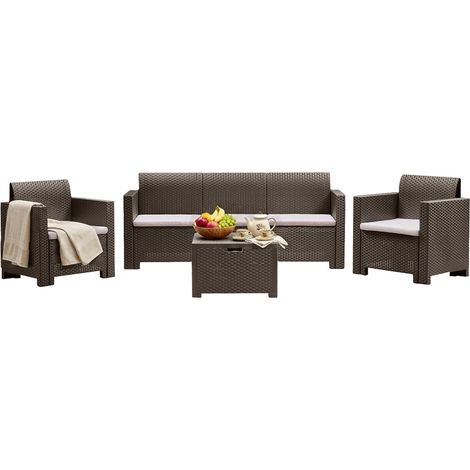 Dmora - Loungeset für draußen Admiral, Outdoor-Lounge mit Couchtisch, Terrassenset mit Kissen, Gartenkomposition mit Sofa und Sesseln, Made in Italy, Taube