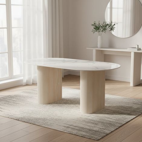 Table à manger céramique marbré blanc 160x90 cm pied travertin – ROXY