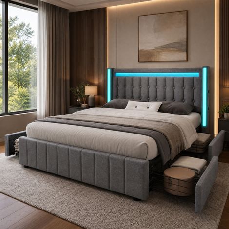 Lit coffre 140x200 LED USB Type-C 4 tiroirs Gris HAVRYA (1/5)