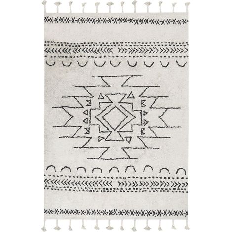 Tappeto cotone nero e bianco sporco 140 x 200 cm nappe e motivo geometrico Khouribga