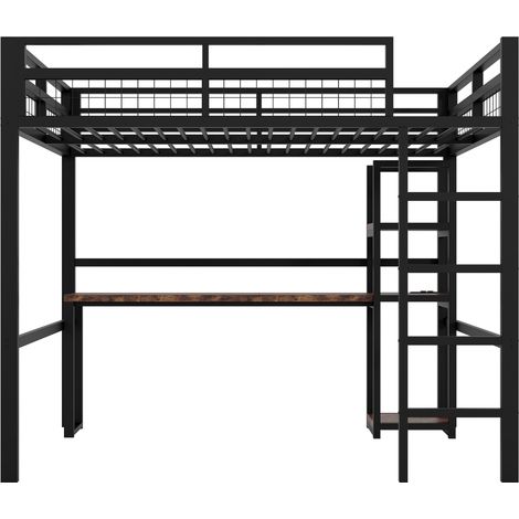 Cama alta 140 x 200 cm de metal negro con escritorio, estantes, toma USB y Type-C (1/5)