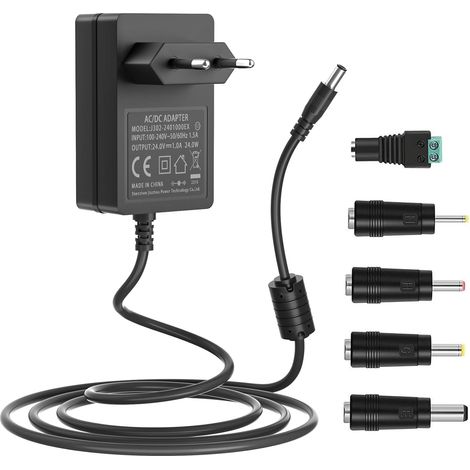 Alimentation 24V, Cordon d’Alimentation 24Volt DC Compatible avec LED Bande Lumineuse CCTV Caméra Lampe à Ongles Diffuseur d’huiles essentielles Pistolet de Massage, avec 5 Embouts DC (1/5)