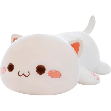 Coussin en peluche Chat Kawaii - 37 cm (15 pouces) Chat blanc aux yeux ronds, peluche toute douce et mignonne, cadeau idéal pour les enfants, décoration parfaite pour la chambre d'enfant