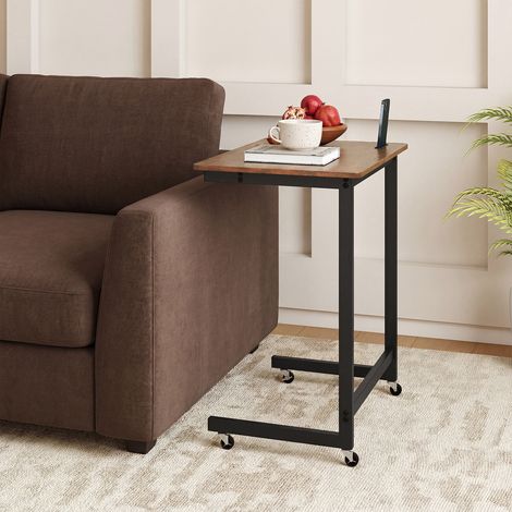 COSTWAY 60x39.5cm C-Shape Bedside Table with Braked Casters Low Profile Rolling Brown (1/5)