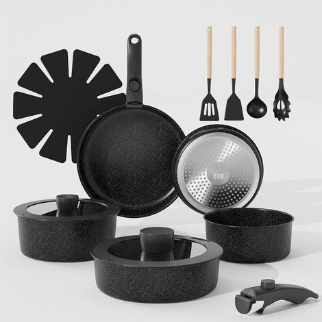 Batterie de cuisine 17 pièces noir, poignée amovible antiadhésive, tous feux induction gaz avec cuiseur vapeur (1/5)