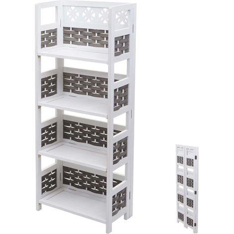 Scaffale libreria pieghevole 4x ripiani HHG-660 legno polyrattan bianco e grigio