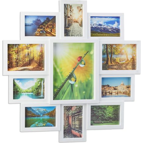 Cadre photo pêle-mêle pour 11 photos 61,5 x 61,5 x 2 cm en plastique blanc (1/3)