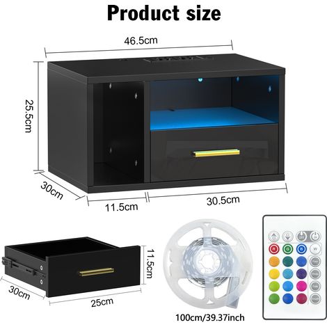 Haloyo® Set di 1 comodino sospeso con multipresa, comodini da parete, comodini, 46,5x30x25,5 cm, nero (1/5)