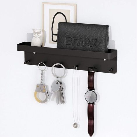 Porte-Cles Mural - Plateau De Rangement Pour Courrier - 6 Crochets - Noir (1/4)