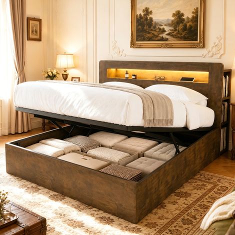letto contenitore 180x200 LED prese legno vintage OKMYHOME (1/5)