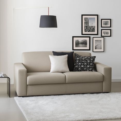 Dmora - Sofá fijo Dgrabb, Sofá de 3 plazas, 100% Made in Italy, Sofá Sala de estar, en tela acolchada, con reposabrazos delgados, Cm 200x95h90, Tórtola (1/4)