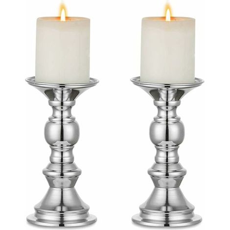 Silver Pillar Candle Holders, Wedding Centerpieces, Metal Candlestick for 75mm Candles, Stand Decoration Ideal for Weddings, Special Events, Parties, Living Rooms, 2 Pieces