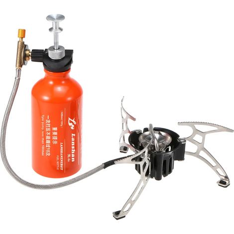 Réchaud à mazout multi-combustibles avec bouteille de combustible essence de 500 ml et pare-vent à 9 plaques, idéal pour le camping et les réchauds de cuisine portables. (1/5)