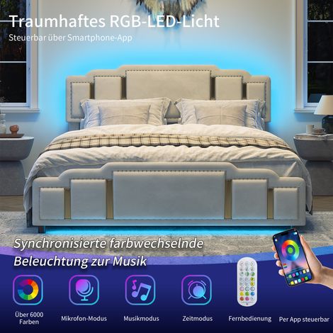 Lit rembourré de 140 x 200 cm avec tiroirs, avec bordures dorées sur la tête de lit et le pied de lit, housse en velours beige