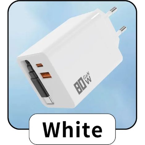 Chargeur rapide portable GaN 80 W/, câble rétractable USB + Type-C, port de sortie Type-C, prise pliable, durable et anti-enchevêtrement, compatible