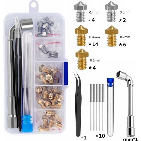 Lot de 30 buses de 0,4 mm, 0,2 mm, 0,6 mm, en laiton, imprimante 3D, buses Hotend en laiton filament de 1,75 mm, Hot Ends V5, V6, par exemple Anycubic i3 Mega Chiron Prusa i3