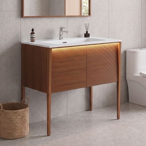 SONNI Badmöbel-Set mit Waschbecken aus Quarz-Kunststein, LED-Sensorbeleuchtung und Türen mit Push-Open-Mechanismus, 894 × 495 × 810 mm (1/5)
