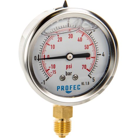 Profec Manometer -1 bis 5 bar, Glyzeringefüllt, Ø 63 mm, 1/4 Zoll Anschluss nach unten Radial, Unterdruck-Manometer