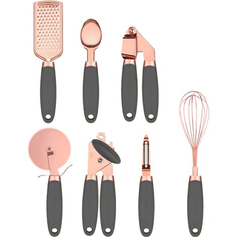 7 ustensiles de cuisine, ouvre-boîte, pince à glace, éplucheuse, couteau à pizza, écrase-ail, râpe à fromage, fouet à œufs, acier inoxydable plaqué cuivre (1/5)