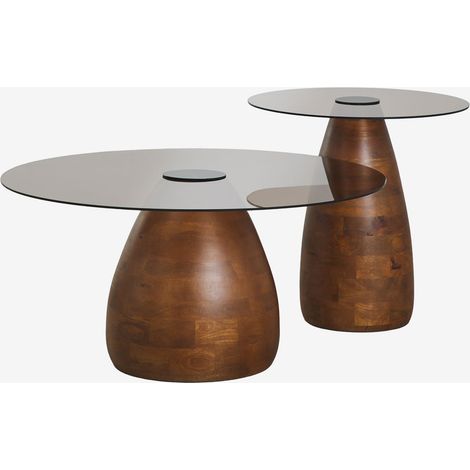 Set de 2 tables basses rondes en verre trempé Mariana SKLUM Poignée en bois foncé (1/5)