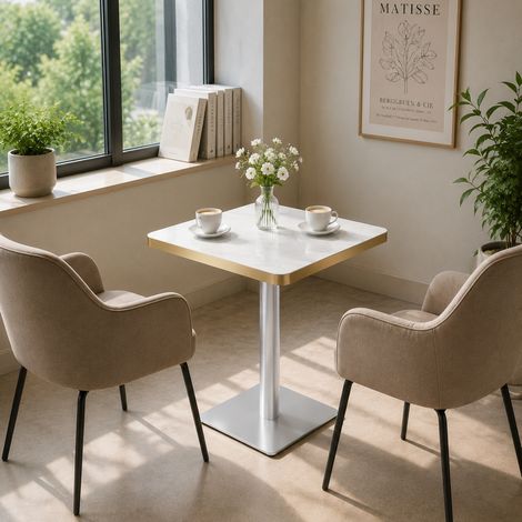 Table à manger carrée 60x60 cm effet marbre avec base en métal blanc