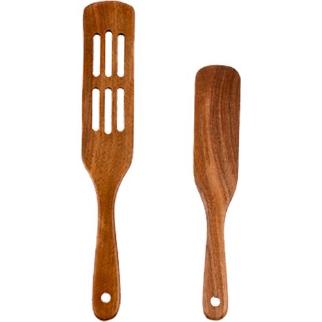 Ustensiles De Cuisine En Bois - Set De 2 Spatules En Acacia Naturel - Pour Cuisson Et Mélange - Idéal Poêles Antiadhésives (1/5)