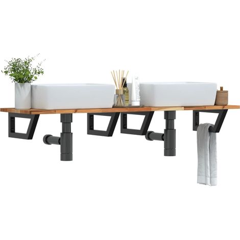 Étagère de vasque murale-Étagère murale-Étagère Suspendue acier et bois massif d'acacia 857943 (1/5)