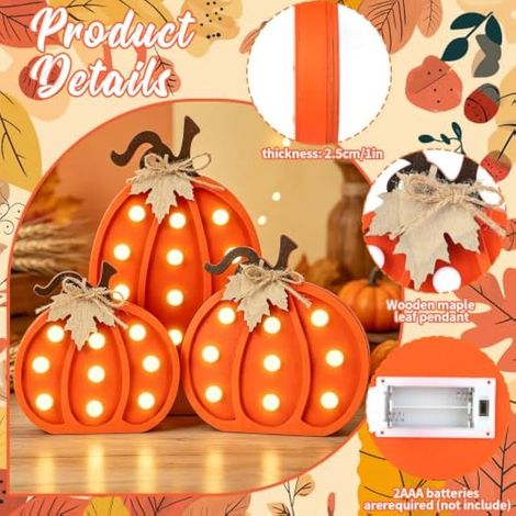 Ensemble de 3 citrouilles lumineuses en bois pour décoration d'automne (1/3)