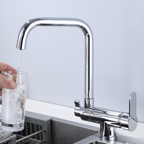 Robinet Cuisine 3 Voies Pivotant 360°, Mitigeur Cuisine Rabattable 2 Poignées, Robinet de Cuisine 3 Voies Laiton-Chrome (1/5)