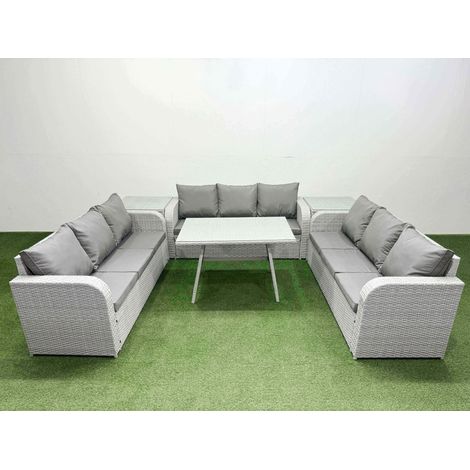 Fimous 9 Seat Outdoor PE Rattan Garden Furniture with Cushions 3 Seater Sofa 2 Side Tables Light Grey (1/4)