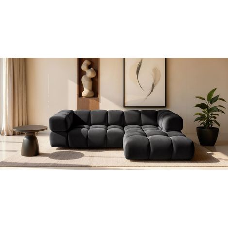 Ecksofa Designersofa BLANCHE in Stoff Bluvel Schwarz Ottomane Rechts