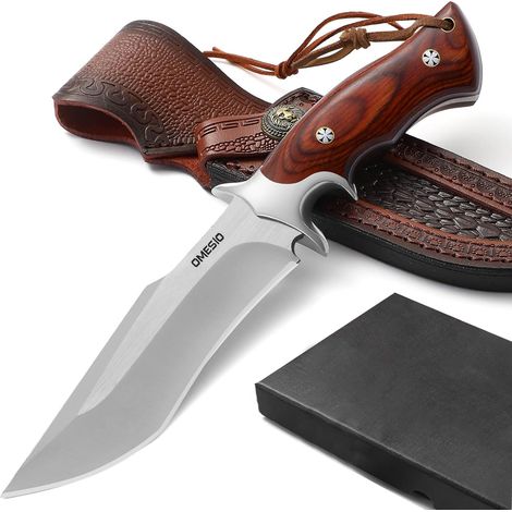 Grand Couteau de Survie Bushcraft Lame Fixe Acier 390 Manche Bois Full-Tang Robuste, Étui Cuir Résistant, Coupe Précise, Prise Ergonomique, Transport Facile, Idéal Camping Randonnée Plein Air