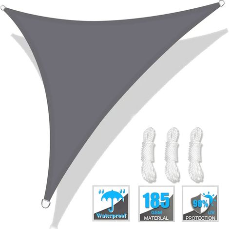 (Gris, 250x250x250CM) Voile d'ombrage triangulaire, protection UV, adaptée aux patios, jardins et cours extérieures. (1/5)