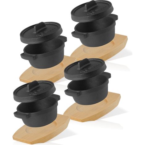 BBQ-Toro Mini Dutch Oven (4 Stück) Ø 11 cm Gusseisen Topf mit Holzunterlage (1/5)
