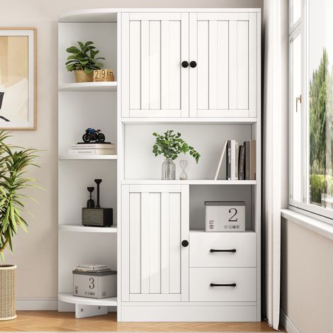 Armadio angolare 104x35x155 cm bianco in truciolare con 3 ante, 2 cassetti, ripiani regolabili e vani aperti (1/5)