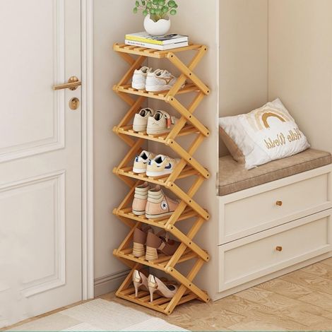 Klappbares Bambus Schuhregal – 7 Ebenen, Schmales Vertikales Schuhständer, Platzsparend für Flur, Schrank oder Schlafzimmer, Naturfarbe