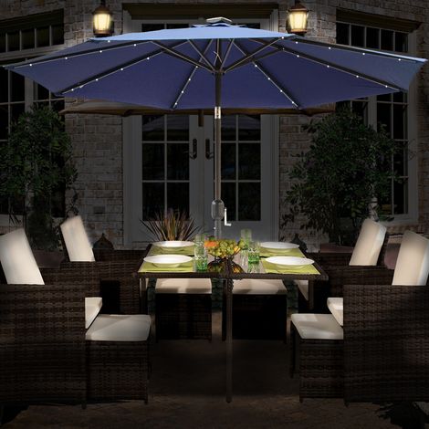 2.7M Solar LED Outdoor Parasol Garden Patio Tilt Crank Sun Shade Round Umbrella Blue (1/5)