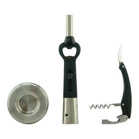 Set 3 Pezzi Accendino Accendigas Con Apribottiglie Professionale In Acciaio Nero