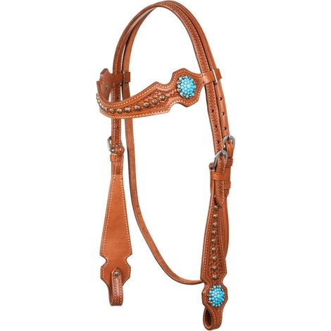 Testiera western in cuoio decorato con pietre blu e fibbie in acciaio