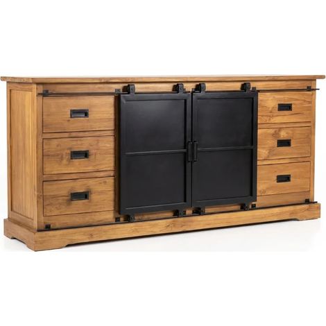 Buffet L. 200 cm en bois de teck massif brut et métal noir – EDWARDS (1/5)