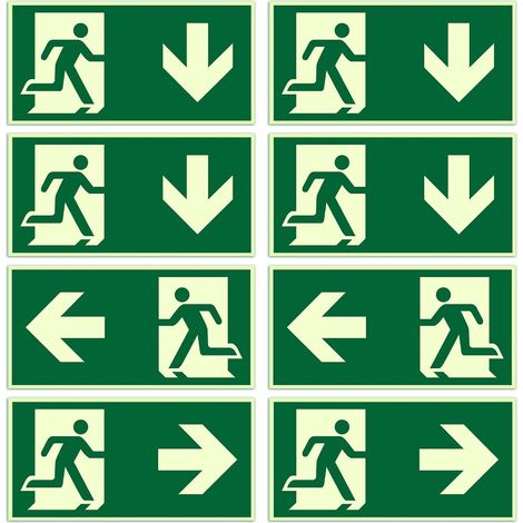 8 pièces Panneau Issue de Secours Flèche, 300x150mm PVC Autocollant Panneaux de Sécurité, Panneau Issue de Secours Photoluminescent aux Hôtels, Immeubles de Bureaux, Écoles, Couloirs (Style 3) (1/5)